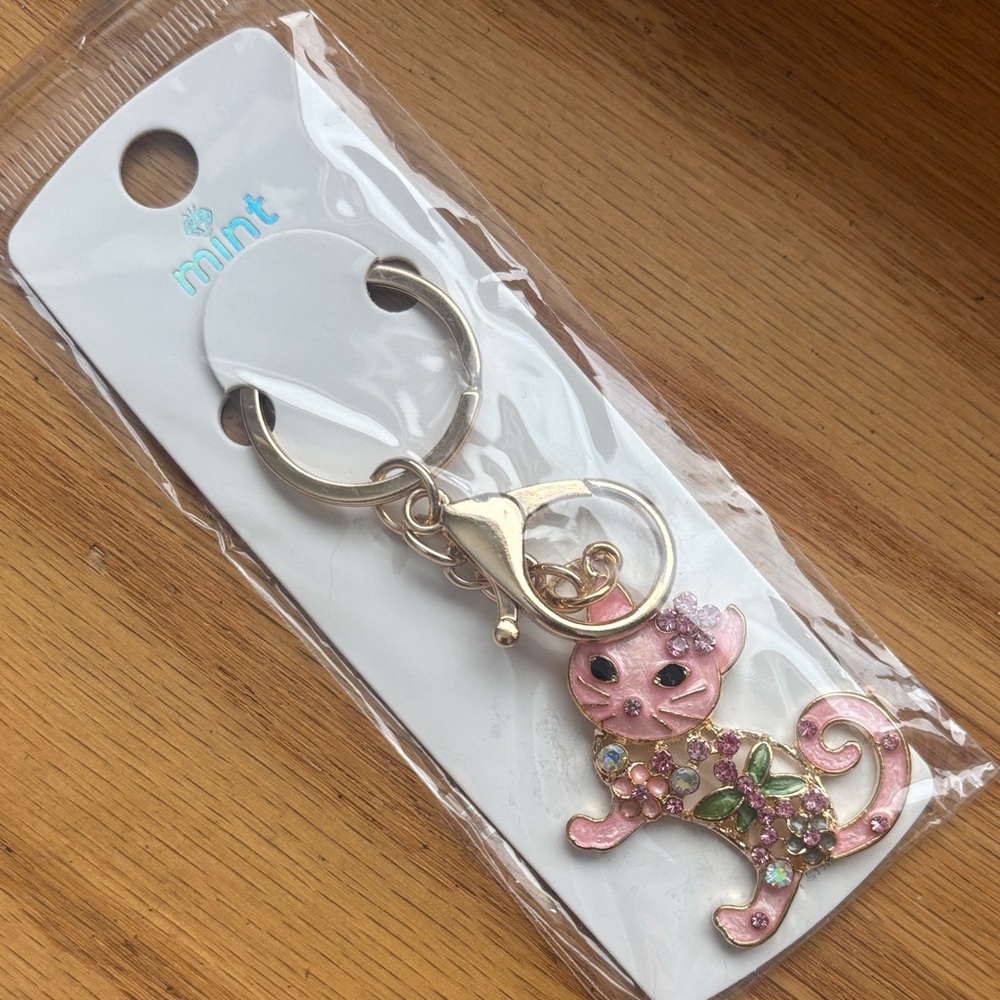 Mint Pink Cat Keychain with Colorful rhinestone Floral Design